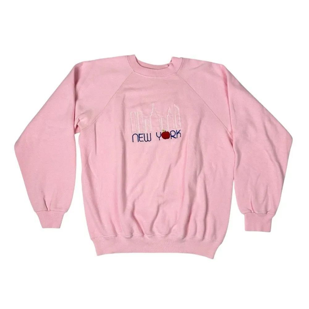 Vintage Hanes Pink New York Souvenir Sweatshirt Crewneck Womens L Embroidered